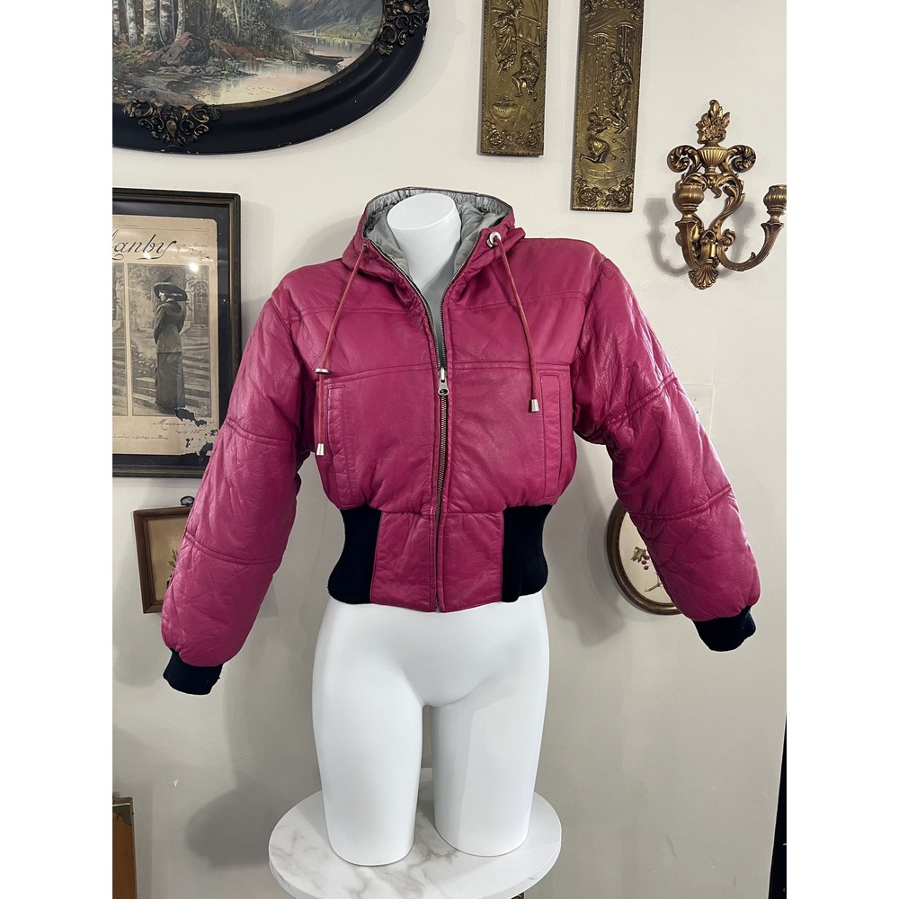 Vintage Wilsons Leather Hot Pink Cropped Puffer Jacket Hoodie XS